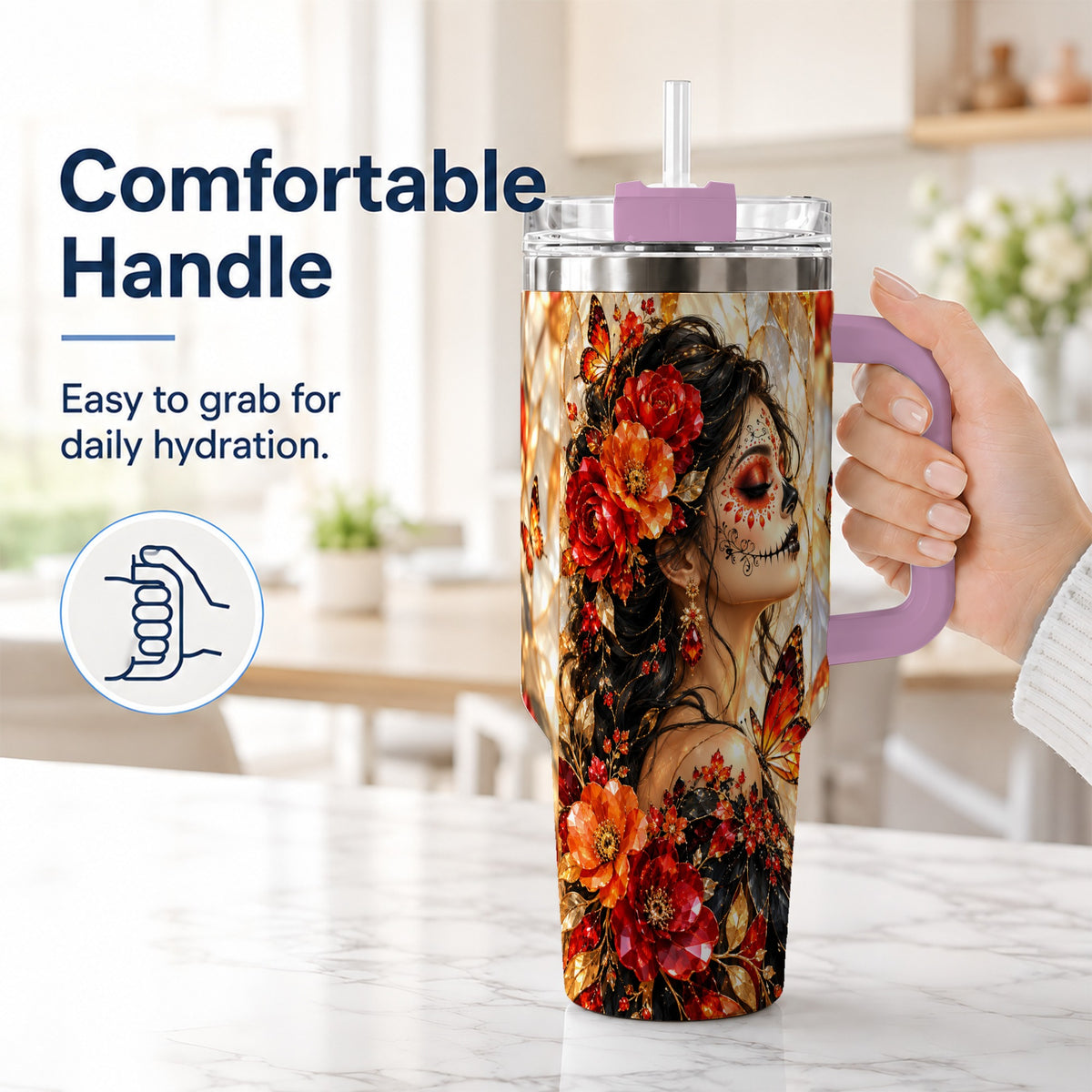 #pl[40oz|Pink] Floral Sugar Skull Woman 40oz Tumbler with Handle, Butterfly Travel Cup