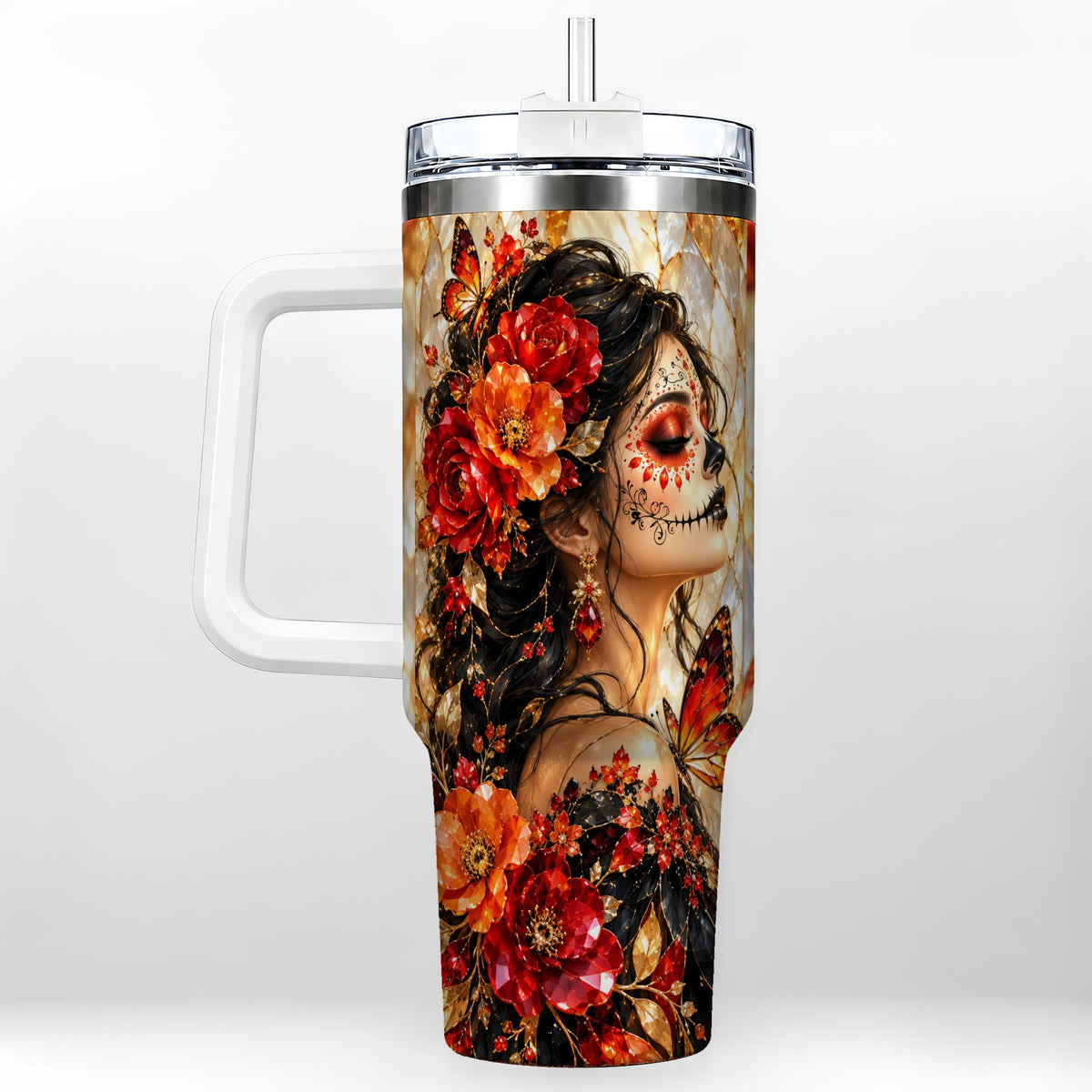 Floral Sugar Skull Woman 40oz Tumbler with Handle, Butterfly Travel Cup