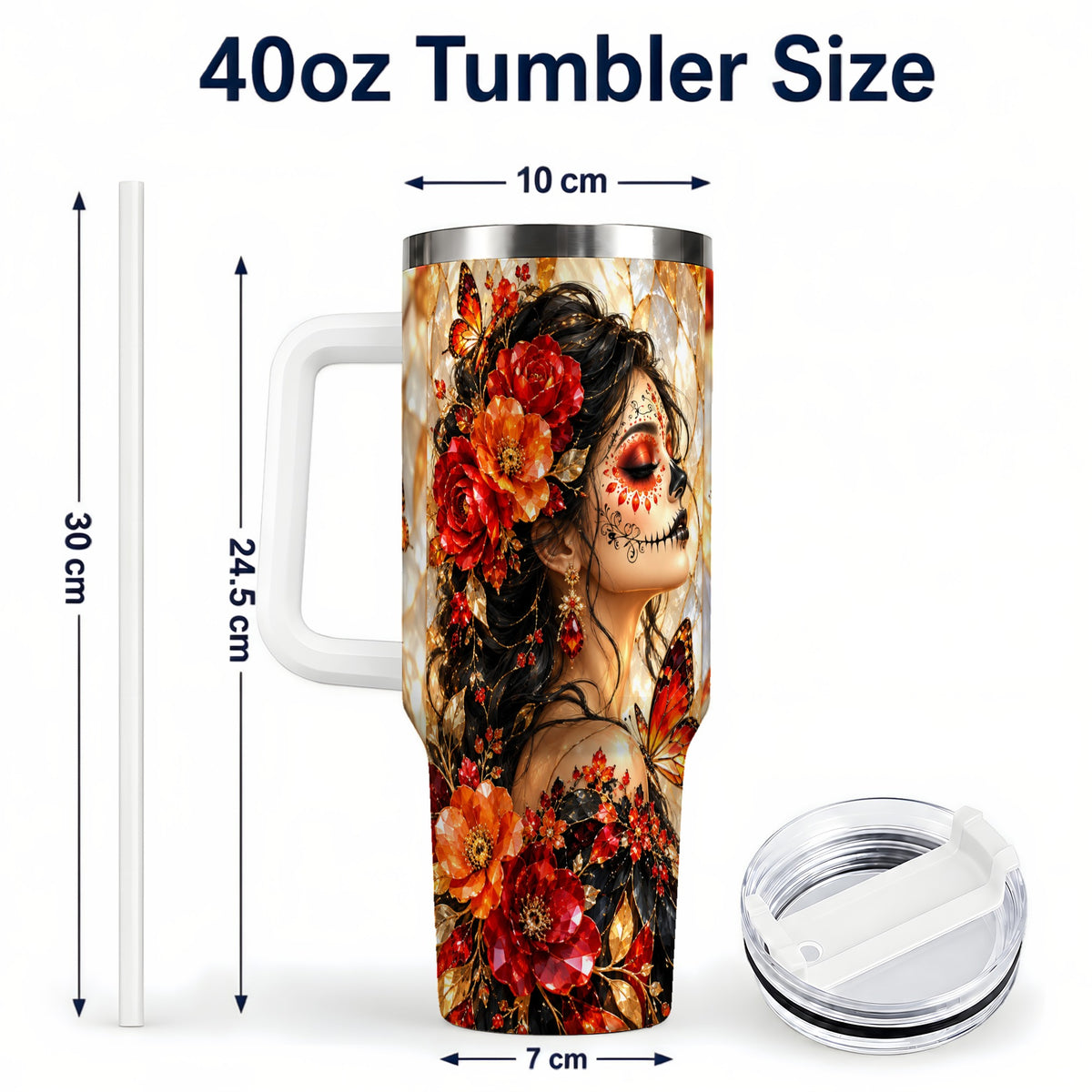 #pl[40oz|White] Floral Sugar Skull Woman 40oz Tumbler with Handle, Butterfly Travel Cup