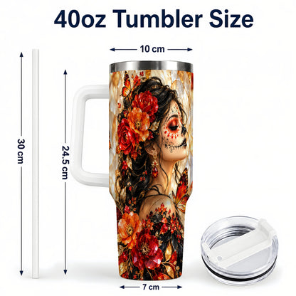 #pl[40oz|White] Floral Sugar Skull Woman 40oz Tumbler with Handle, Butterfly Travel Cup