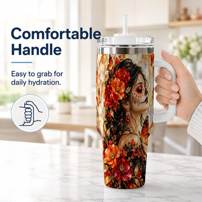 #pl[40oz|White] Floral Sugar Skull Woman 40oz Tumbler with Handle, Butterfly Travel Cup