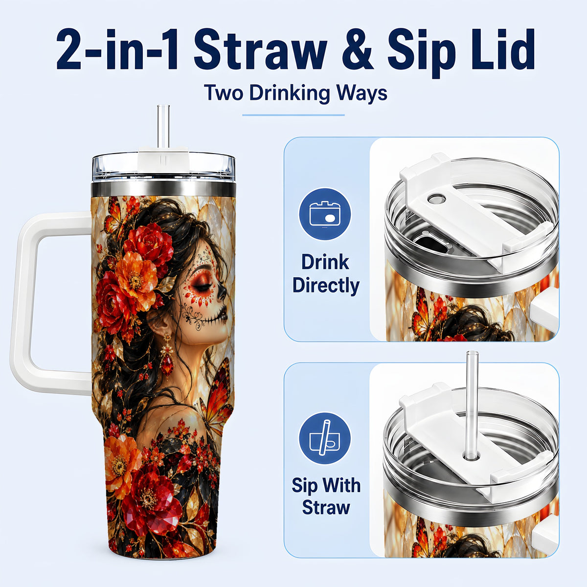 #pl[40oz|White] Floral Sugar Skull Woman 40oz Tumbler with Handle, Butterfly Travel Cup