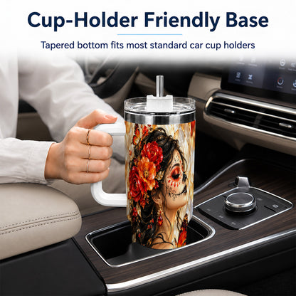 Floral Sugar Skull Woman 40oz Tumbler with Handle, Butterfly Travel Cup