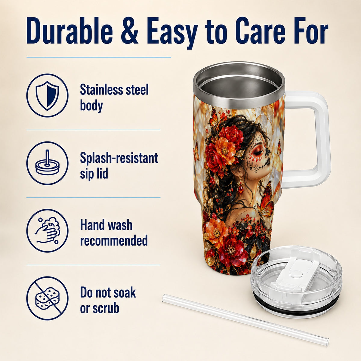 Floral Sugar Skull Woman 40oz Tumbler with Handle, Butterfly Travel Cup