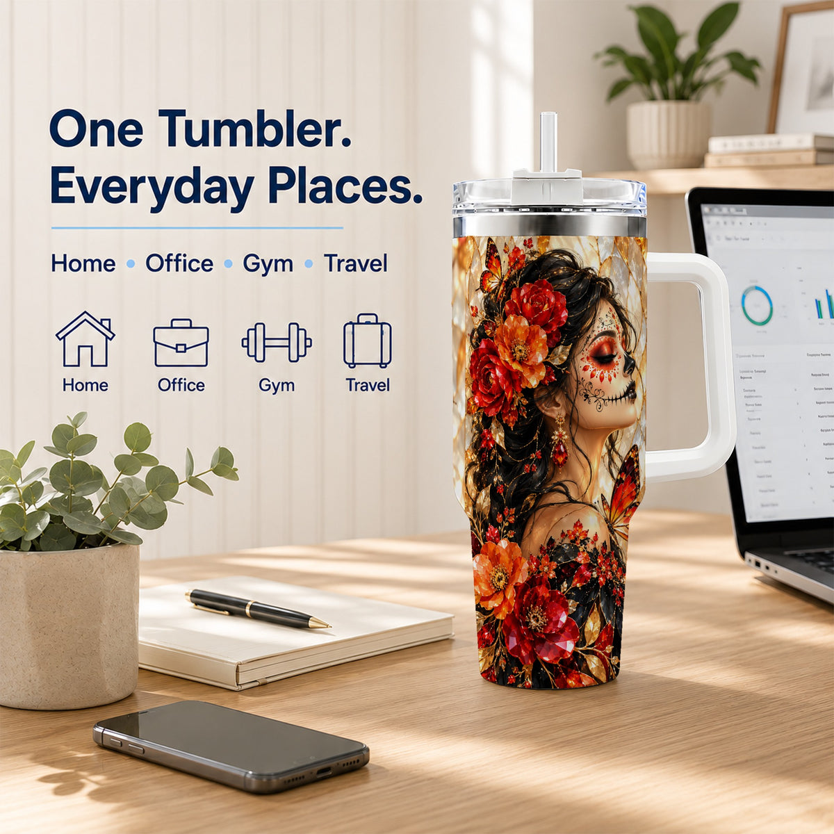 Floral Sugar Skull Woman 40oz Tumbler with Handle, Butterfly Travel Cup