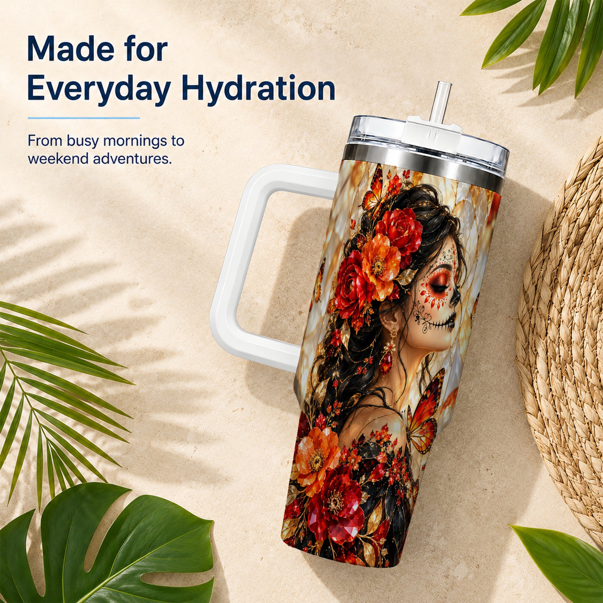 Floral Sugar Skull Woman 40oz Tumbler with Handle, Butterfly Travel Cup
