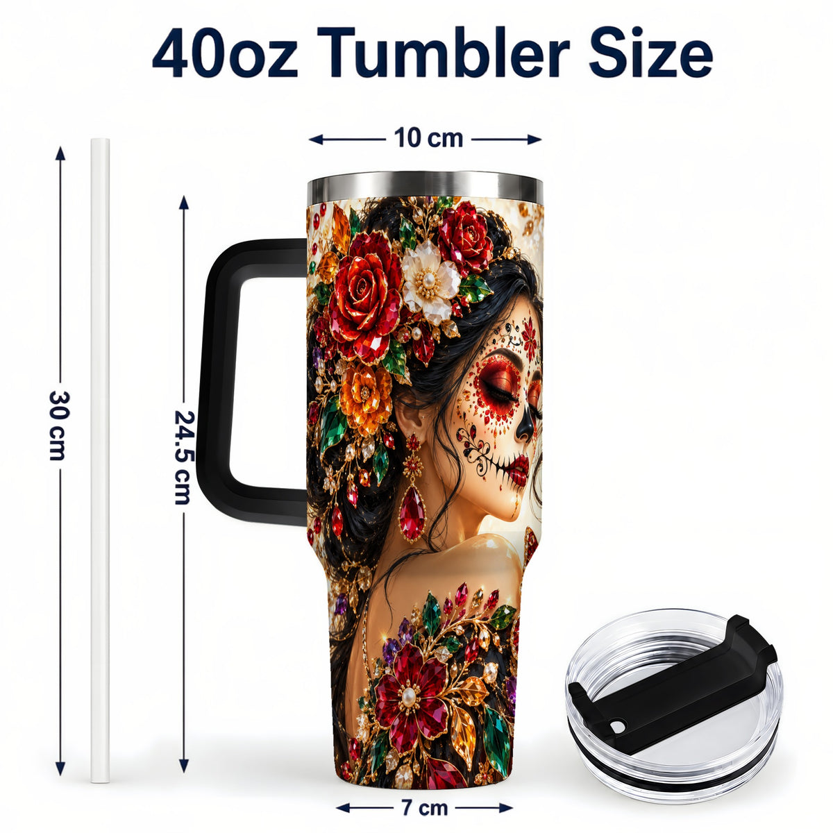 #pl[40oz|Black] Floral Face Art 40oz Tumbler, Jeweled Rose, Stainless Steel Travel Cup