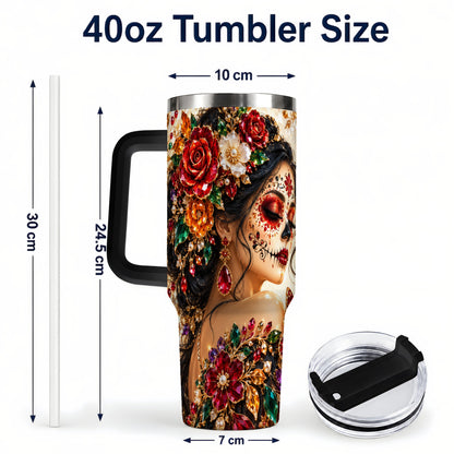 #pl[40oz|Black] Floral Face Art 40oz Tumbler, Jeweled Rose, Stainless Steel Travel Cup