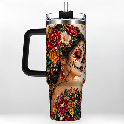 #pl[40oz|Black] Floral Face Art 40oz Tumbler, Jeweled Rose, Stainless Steel Travel Cup