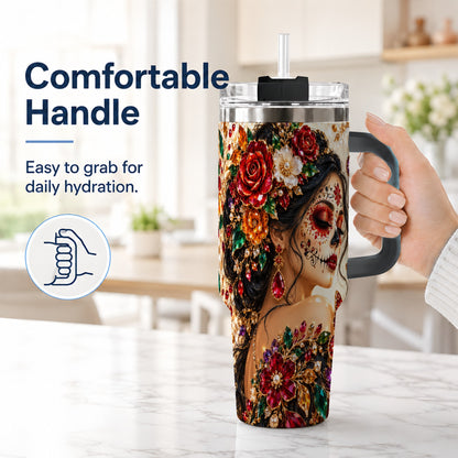 #pl[40oz|Black] Floral Face Art 40oz Tumbler, Jeweled Rose, Stainless Steel Travel Cup