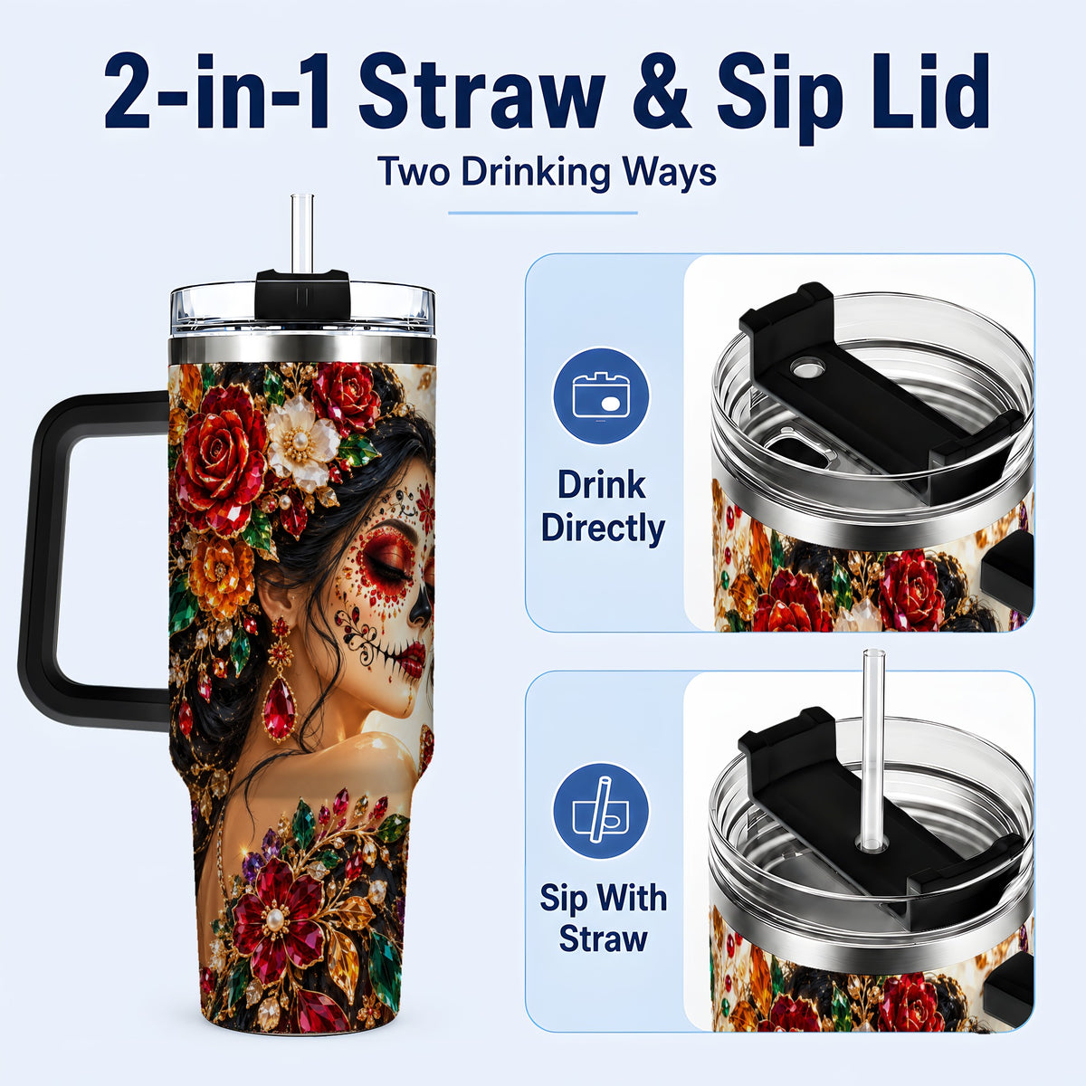 #pl[40oz|Black] Floral Face Art 40oz Tumbler, Jeweled Rose, Stainless Steel Travel Cup