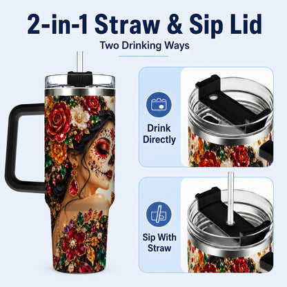 #pl[40oz|Black] Floral Face Art 40oz Tumbler, Jeweled Rose, Stainless Steel Travel Cup