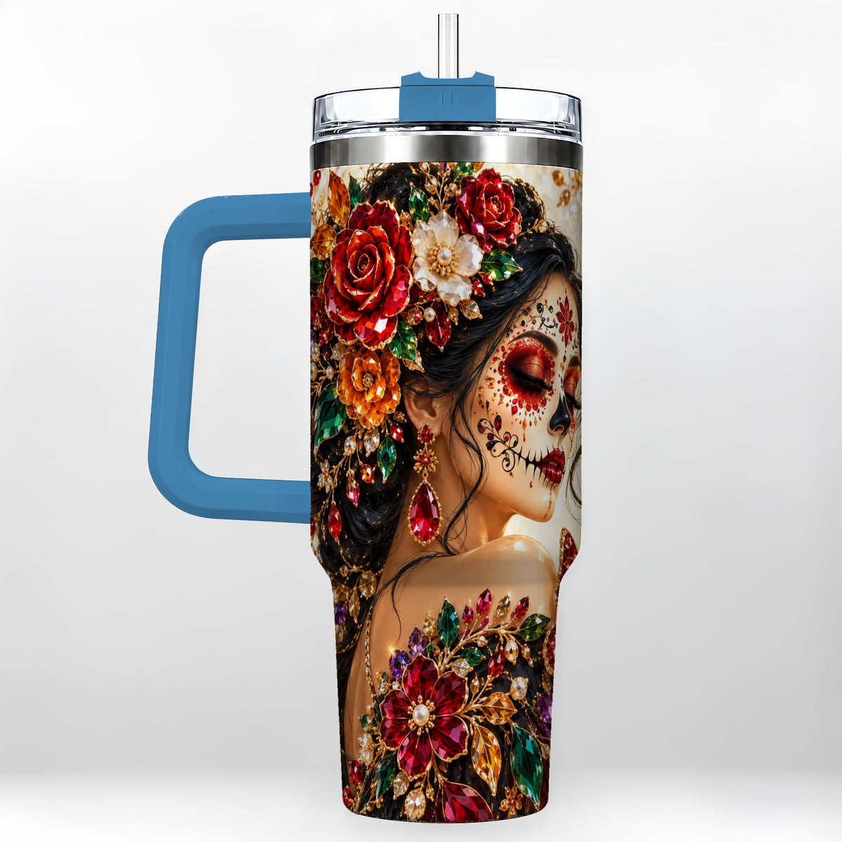 #pl[40oz|Blue] Floral Face Art 40oz Tumbler, Jeweled Rose, Stainless Steel Travel Cup