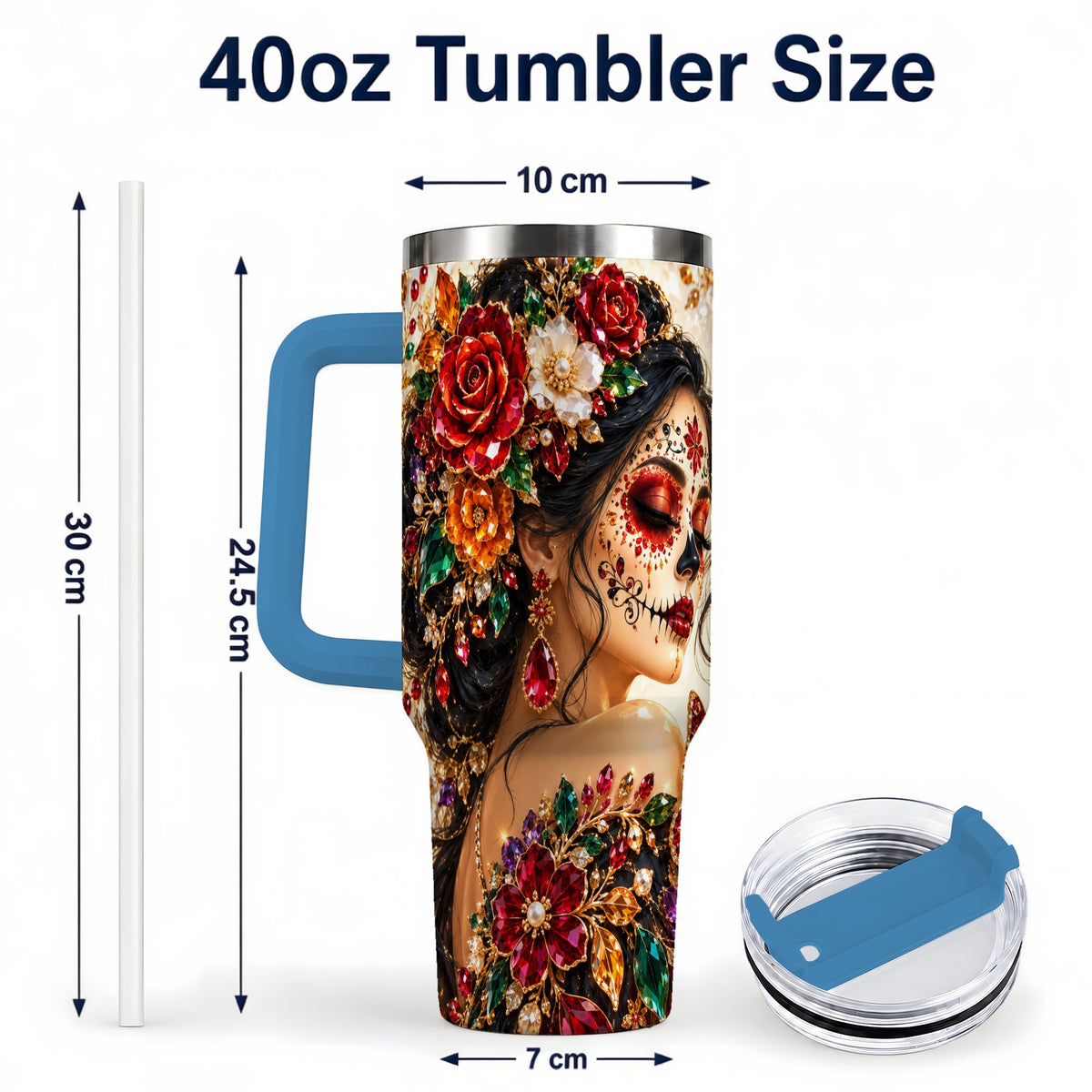 #pl[40oz|Blue] Floral Face Art 40oz Tumbler, Jeweled Rose, Stainless Steel Travel Cup