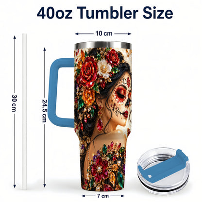 #pl[40oz|Blue] Floral Face Art 40oz Tumbler, Jeweled Rose, Stainless Steel Travel Cup