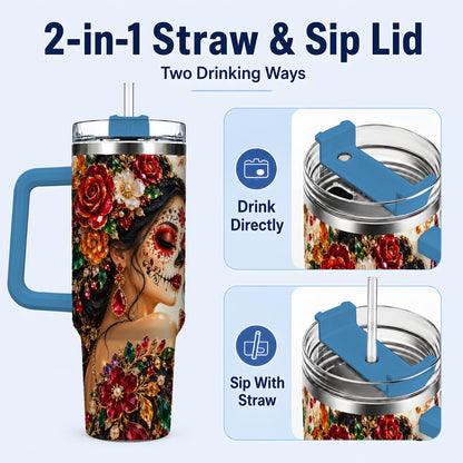 #pl[40oz|Blue] Floral Face Art 40oz Tumbler, Jeweled Rose, Stainless Steel Travel Cup