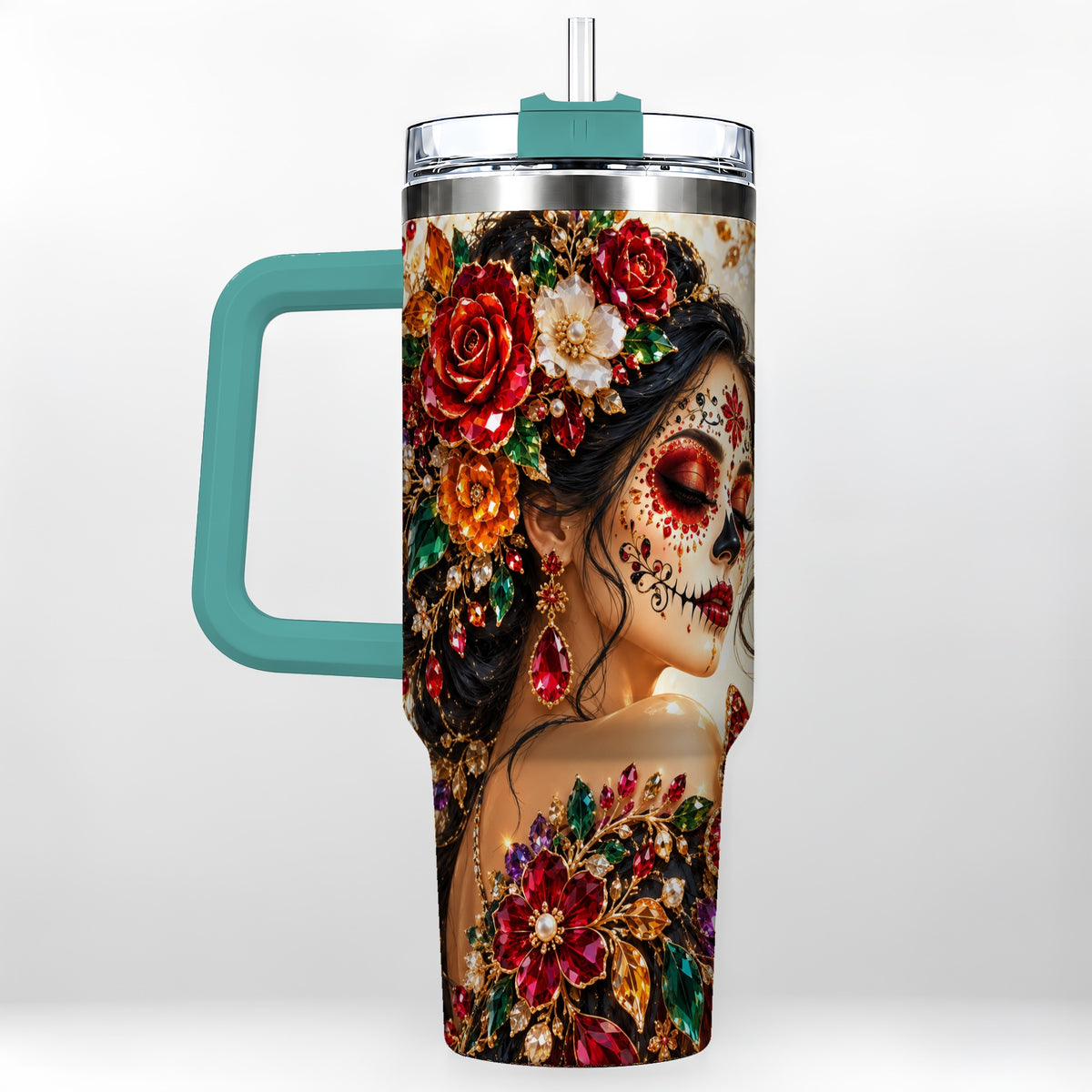 #pl[40oz|Green] Floral Face Art 40oz Tumbler, Jeweled Rose, Stainless Steel Travel Cup