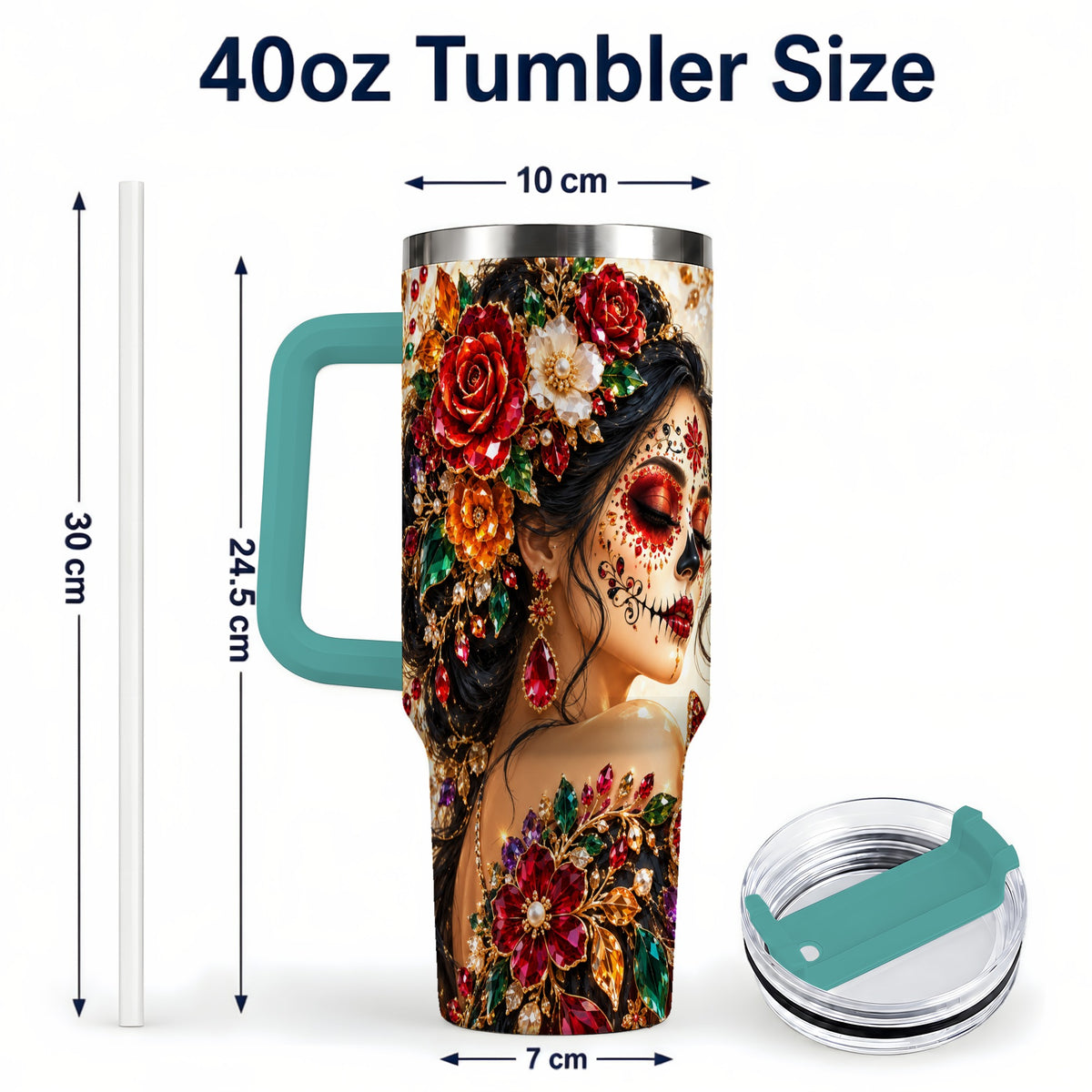 #pl[40oz|Green] Floral Face Art 40oz Tumbler, Jeweled Rose, Stainless Steel Travel Cup