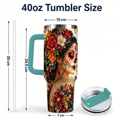 #pl[40oz|Green] Floral Face Art 40oz Tumbler, Jeweled Rose, Stainless Steel Travel Cup
