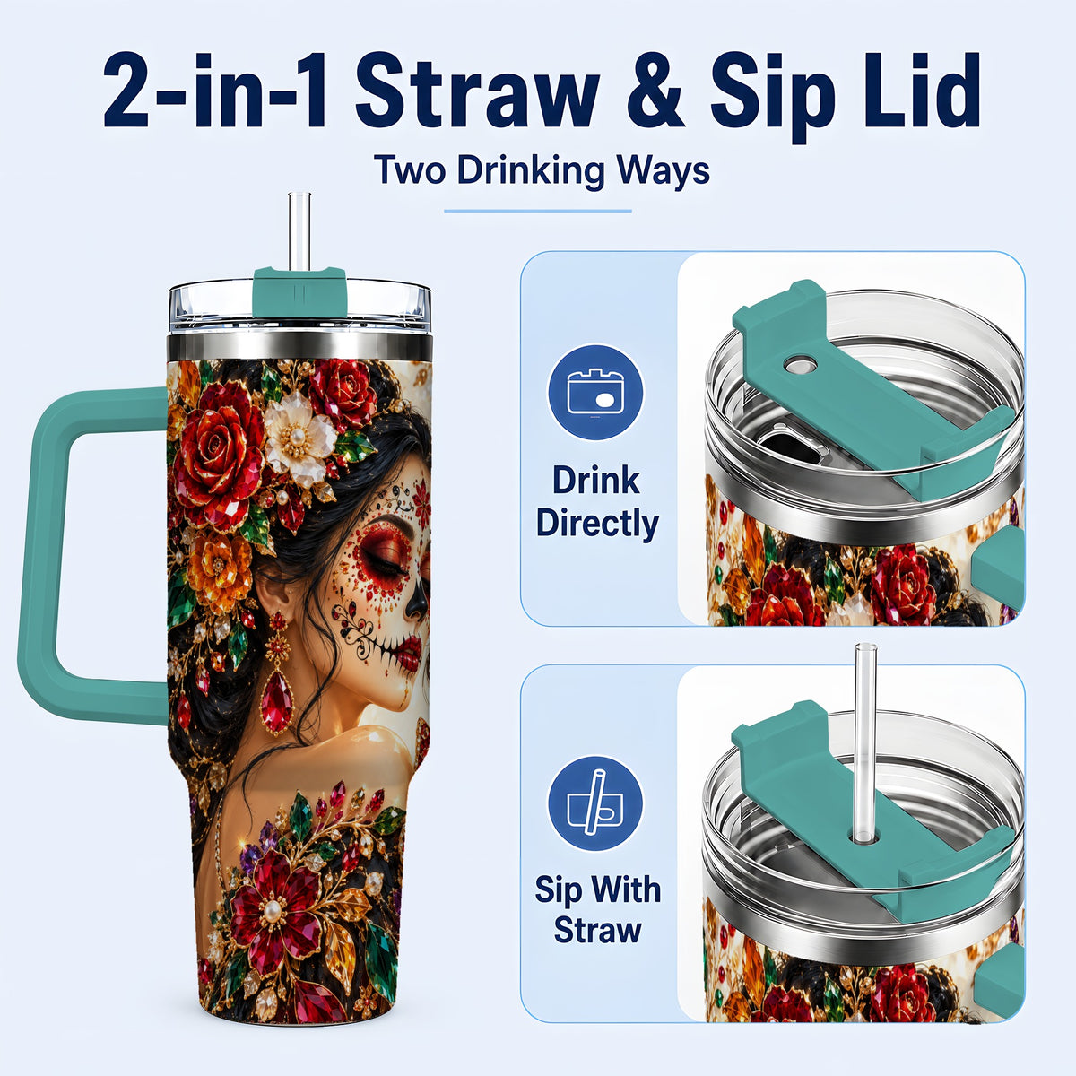#pl[40oz|Green] Floral Face Art 40oz Tumbler, Jeweled Rose, Stainless Steel Travel Cup