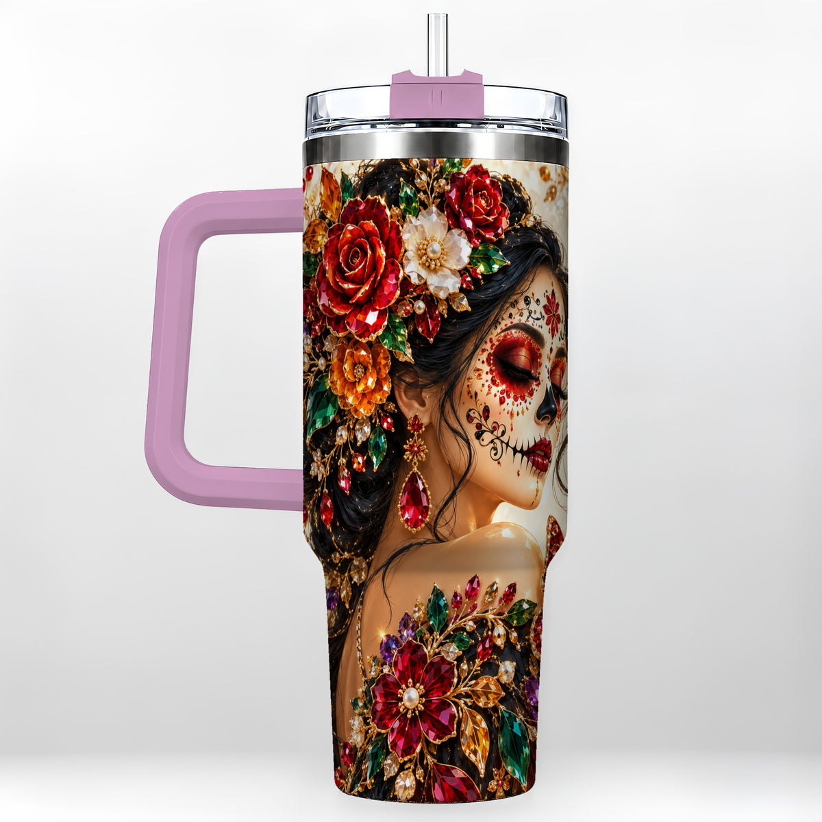 #pl[40oz|Pink] Floral Face Art 40oz Tumbler, Jeweled Rose, Stainless Steel Travel Cup