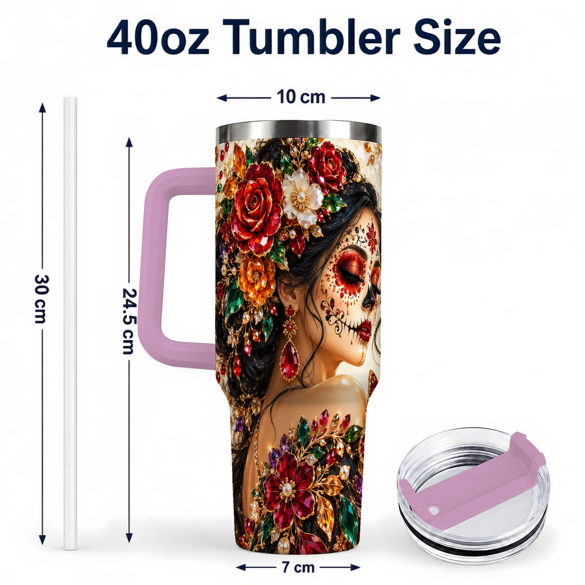 #pl[40oz|Pink] Floral Face Art 40oz Tumbler, Jeweled Rose, Stainless Steel Travel Cup