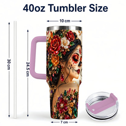 #pl[40oz|Pink] Floral Face Art 40oz Tumbler, Jeweled Rose, Stainless Steel Travel Cup