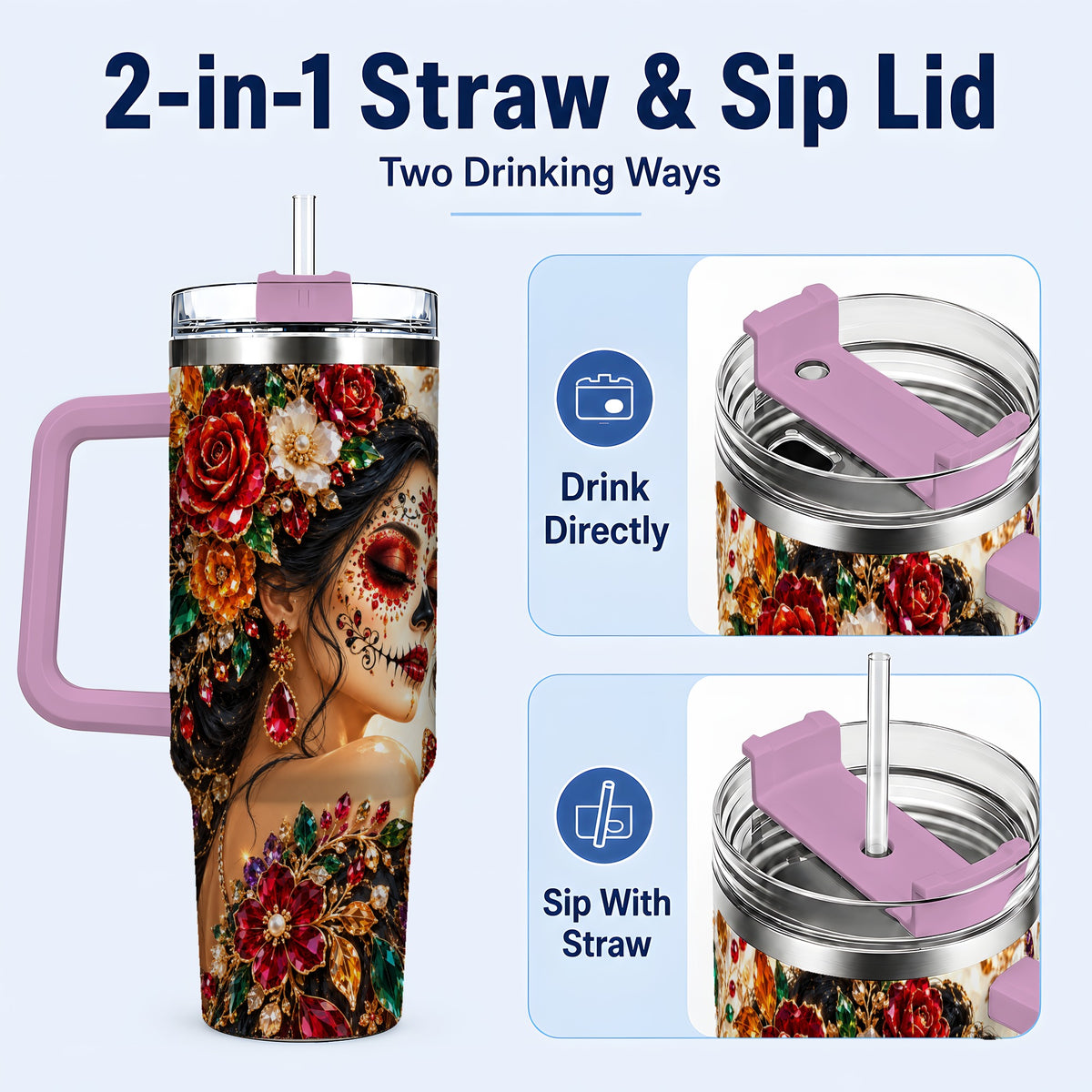 #pl[40oz|Pink] Floral Face Art 40oz Tumbler, Jeweled Rose, Stainless Steel Travel Cup