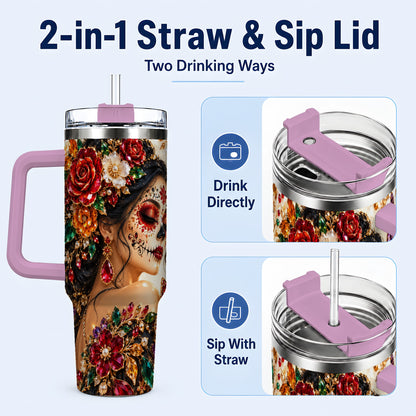 #pl[40oz|Pink] Floral Face Art 40oz Tumbler, Jeweled Rose, Stainless Steel Travel Cup