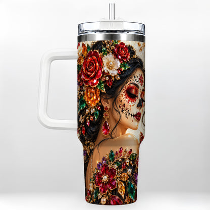 Floral Face Art 40oz Tumbler, Jeweled Rose, Stainless Steel Travel Cup