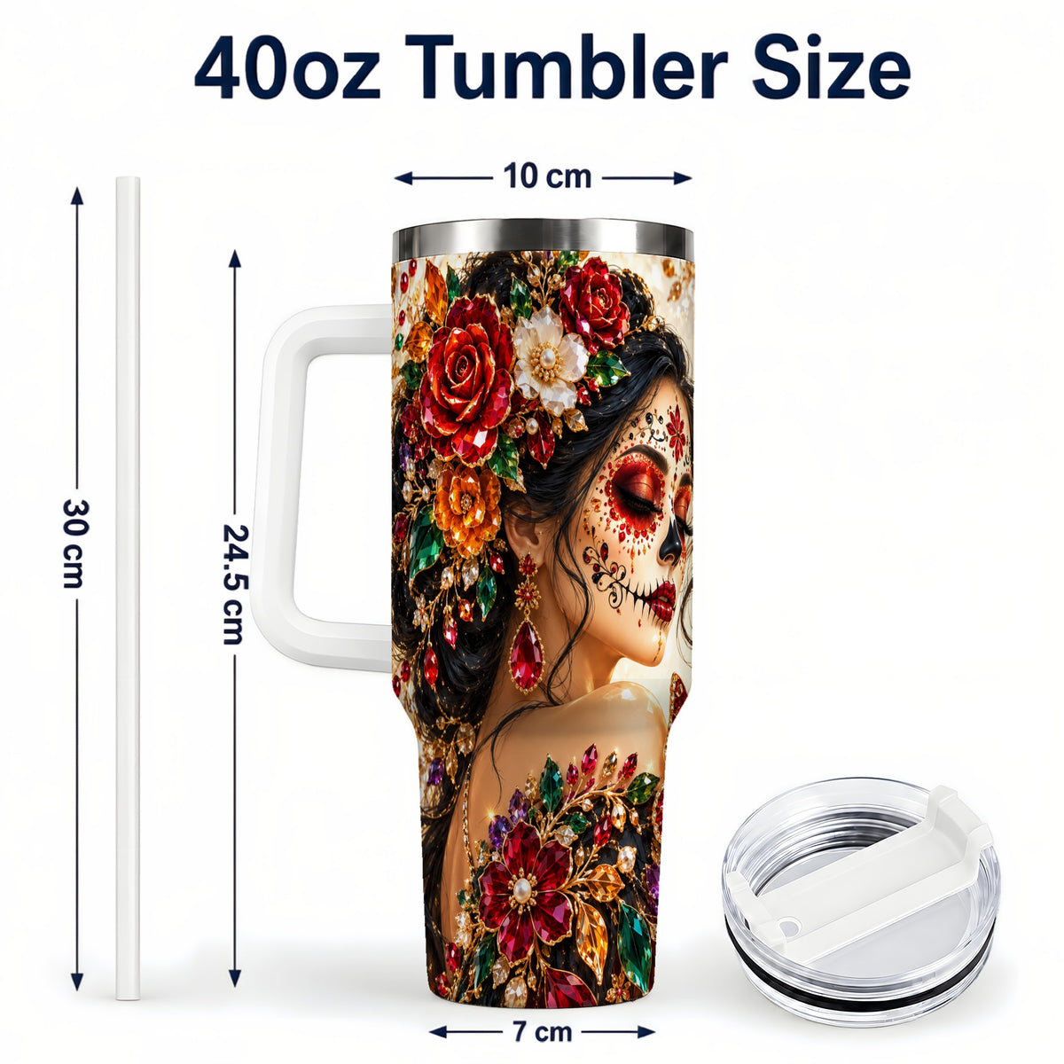 #pl[40oz|White] Floral Face Art 40oz Tumbler, Jeweled Rose, Stainless Steel Travel Cup