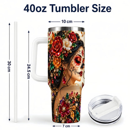 #pl[40oz|White] Floral Face Art 40oz Tumbler, Jeweled Rose, Stainless Steel Travel Cup