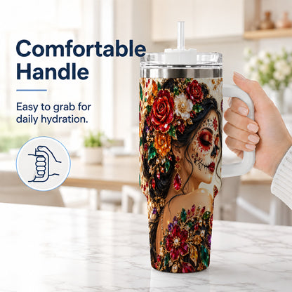 #pl[40oz|White] Floral Face Art 40oz Tumbler, Jeweled Rose, Stainless Steel Travel Cup