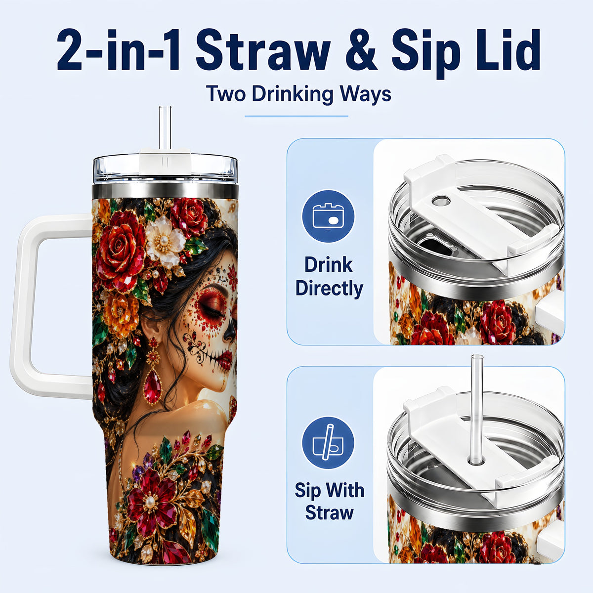 #pl[40oz|White] Floral Face Art 40oz Tumbler, Jeweled Rose, Stainless Steel Travel Cup