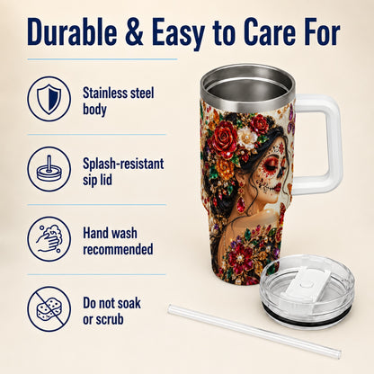 Floral Face Art 40oz Tumbler, Jeweled Rose, Stainless Steel Travel Cup