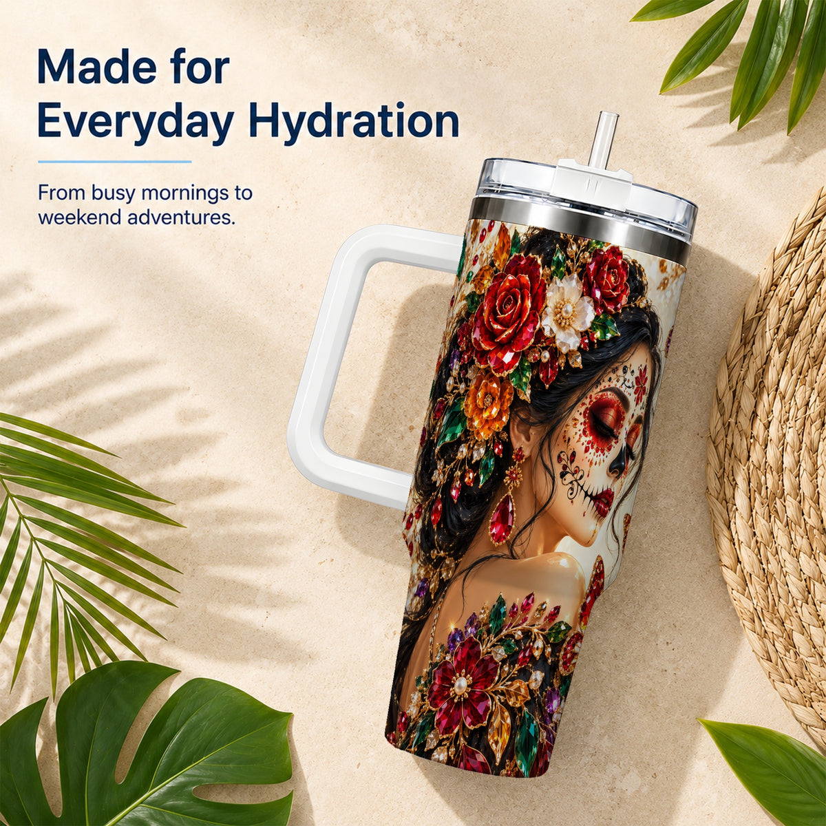 Floral Face Art 40oz Tumbler, Jeweled Rose, Stainless Steel Travel Cup