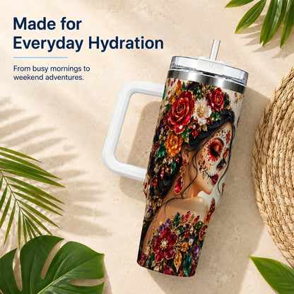 Floral Face Art 40oz Tumbler, Jeweled Rose, Stainless Steel Travel Cup