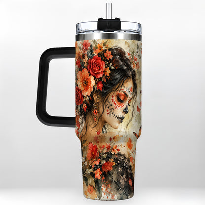 #pl[40oz|Black] Floral Face Art 40oz Tumbler, Watercolor Rose, Stainless Steel Travel Cup