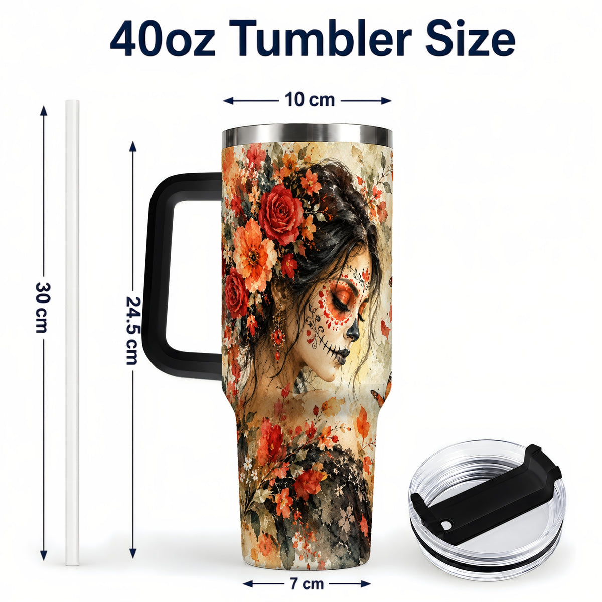#pl[40oz|Black] Floral Face Art 40oz Tumbler, Watercolor Rose, Stainless Steel Travel Cup