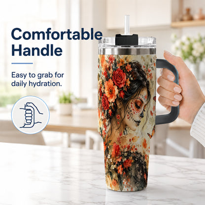 #pl[40oz|Black] Floral Face Art 40oz Tumbler, Watercolor Rose, Stainless Steel Travel Cup