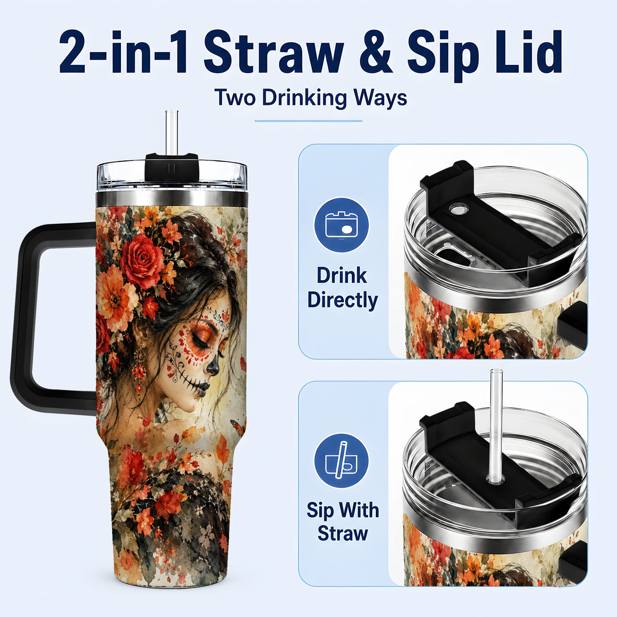 #pl[40oz|Black] Floral Face Art 40oz Tumbler, Watercolor Rose, Stainless Steel Travel Cup