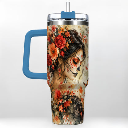 #pl[40oz|Blue] Floral Face Art 40oz Tumbler, Watercolor Rose, Stainless Steel Travel Cup
