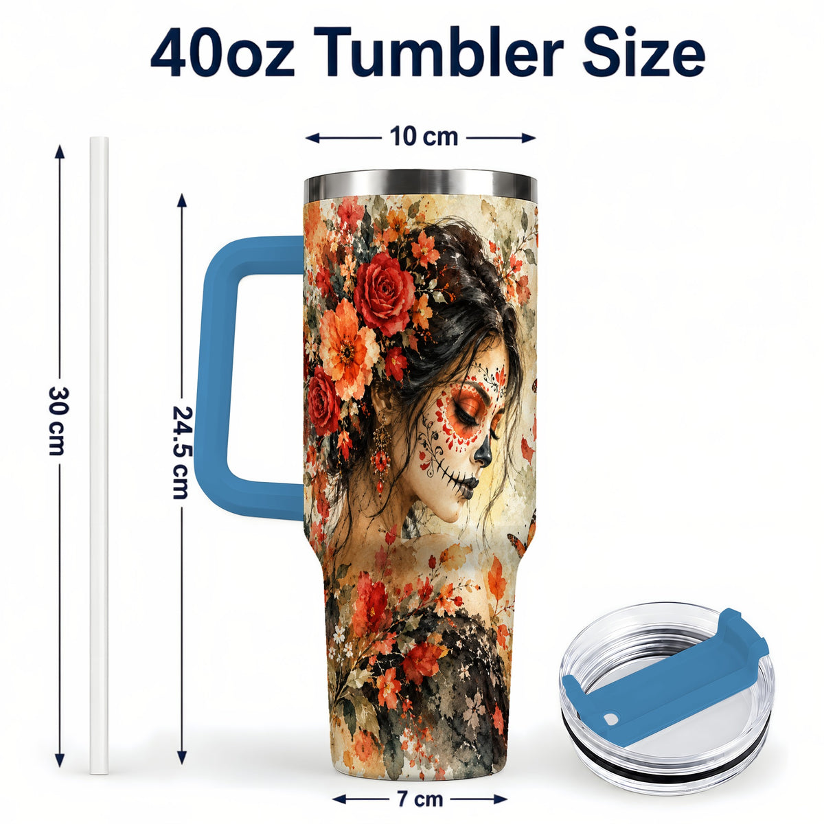 #pl[40oz|Blue] Floral Face Art 40oz Tumbler, Watercolor Rose, Stainless Steel Travel Cup