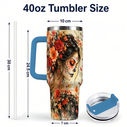 #pl[40oz|Blue] Floral Face Art 40oz Tumbler, Watercolor Rose, Stainless Steel Travel Cup