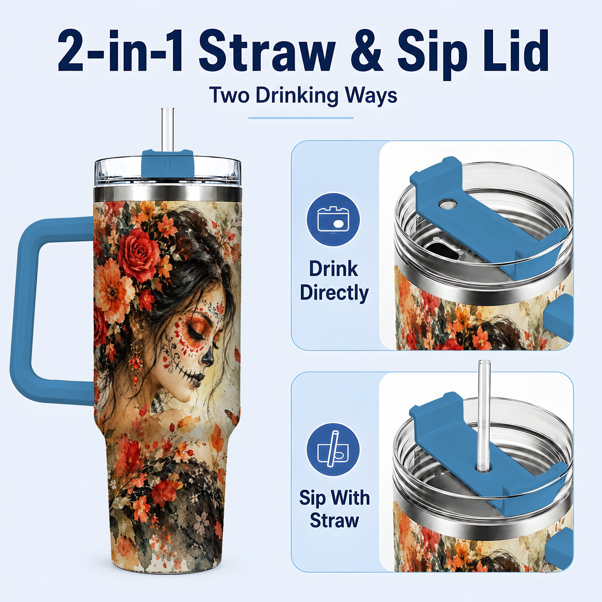 #pl[40oz|Blue] Floral Face Art 40oz Tumbler, Watercolor Rose, Stainless Steel Travel Cup