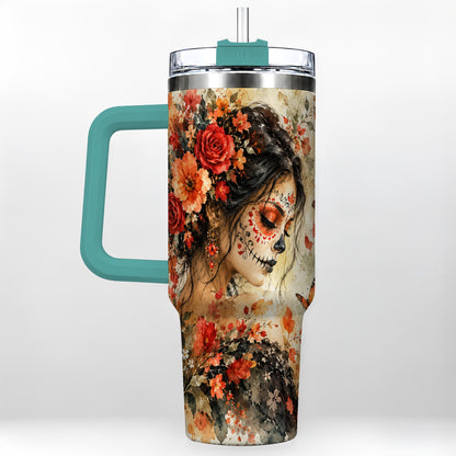 #pl[40oz|Green] Floral Face Art 40oz Tumbler, Watercolor Rose, Stainless Steel Travel Cup