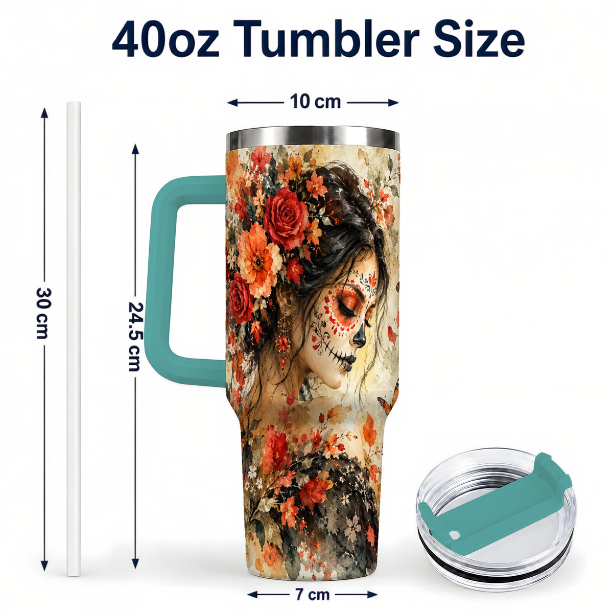 #pl[40oz|Green] Floral Face Art 40oz Tumbler, Watercolor Rose, Stainless Steel Travel Cup