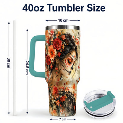 #pl[40oz|Green] Floral Face Art 40oz Tumbler, Watercolor Rose, Stainless Steel Travel Cup