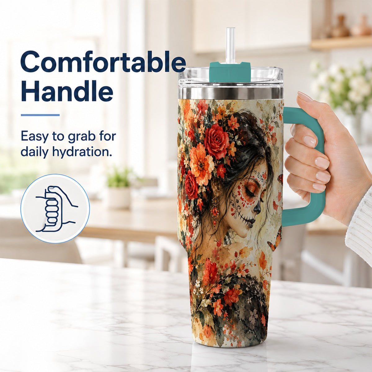 #pl[40oz|Green] Floral Face Art 40oz Tumbler, Watercolor Rose, Stainless Steel Travel Cup
