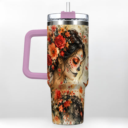 #pl[40oz|Pink] Floral Face Art 40oz Tumbler, Watercolor Rose, Stainless Steel Travel Cup